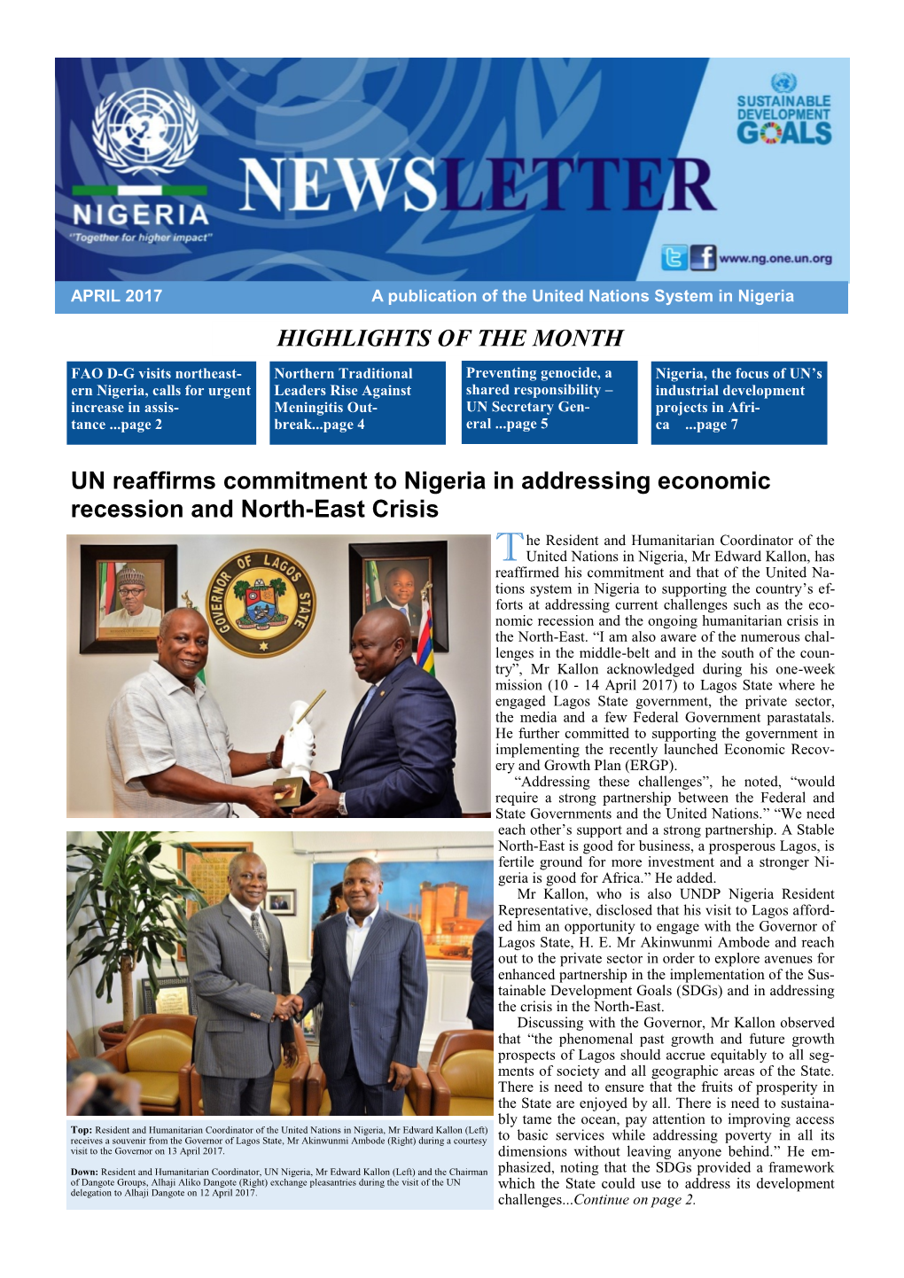 HIGHLIGHTS of the MONTH UN Reaffirms Commitment to Nigeria In