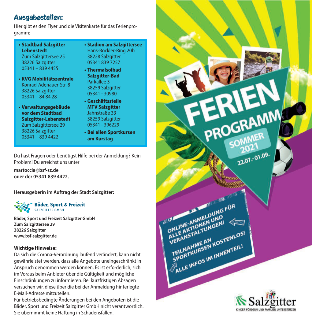 Ausgabestellen: Hier Gibt Es Den Flyer Und Die Visitenkarte Für Das Ferienpro- Gramm