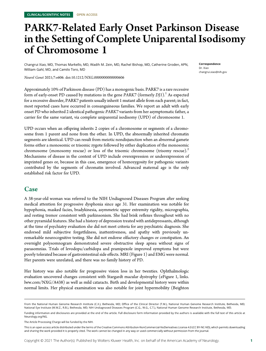 PARK7-Related Early Onset Parkinson Disease in the Setting of Complete Uniparental Isodisomy of Chromosome 1