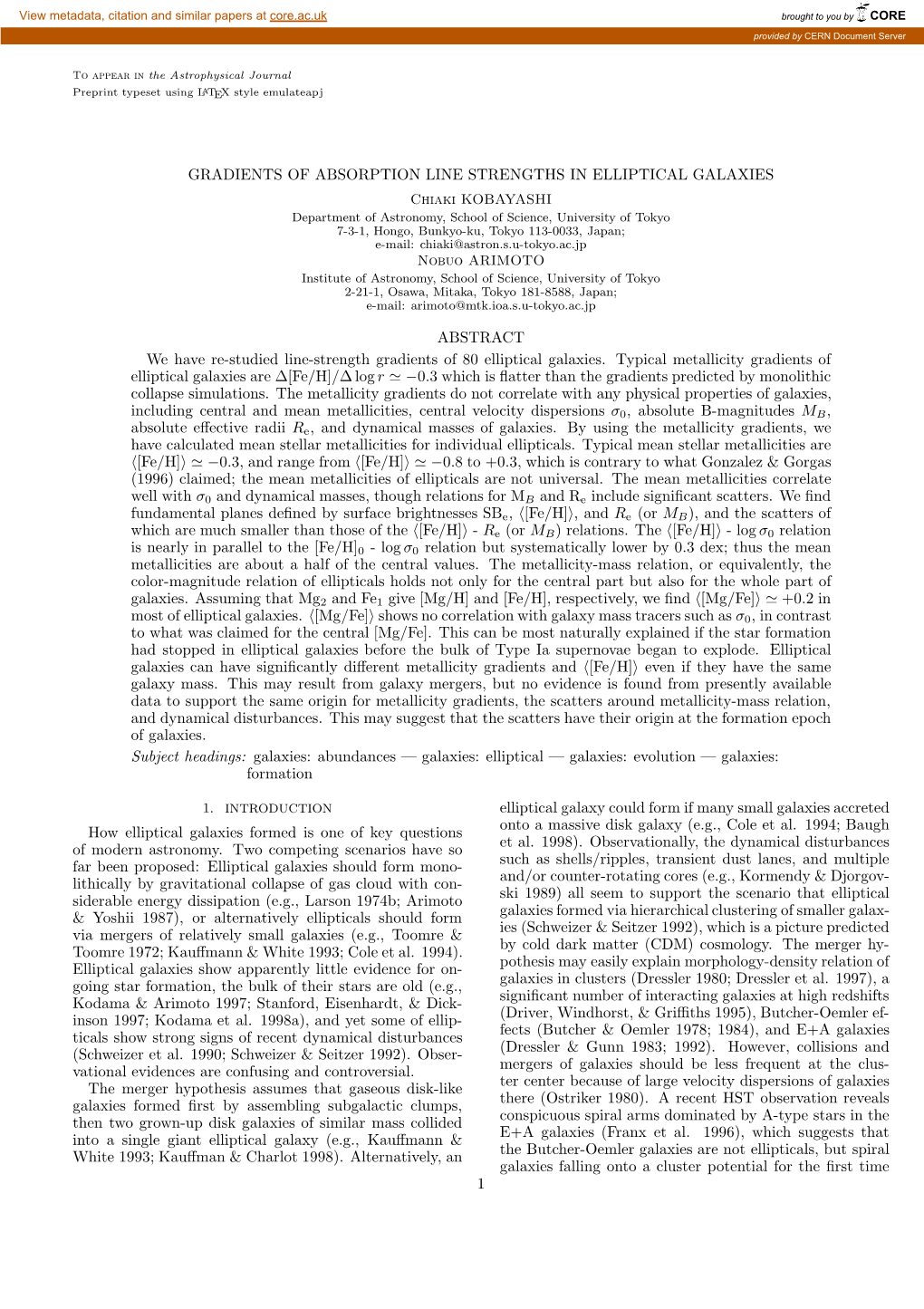 Gradients of Absorption Line Strengths in Elliptical Galaxies