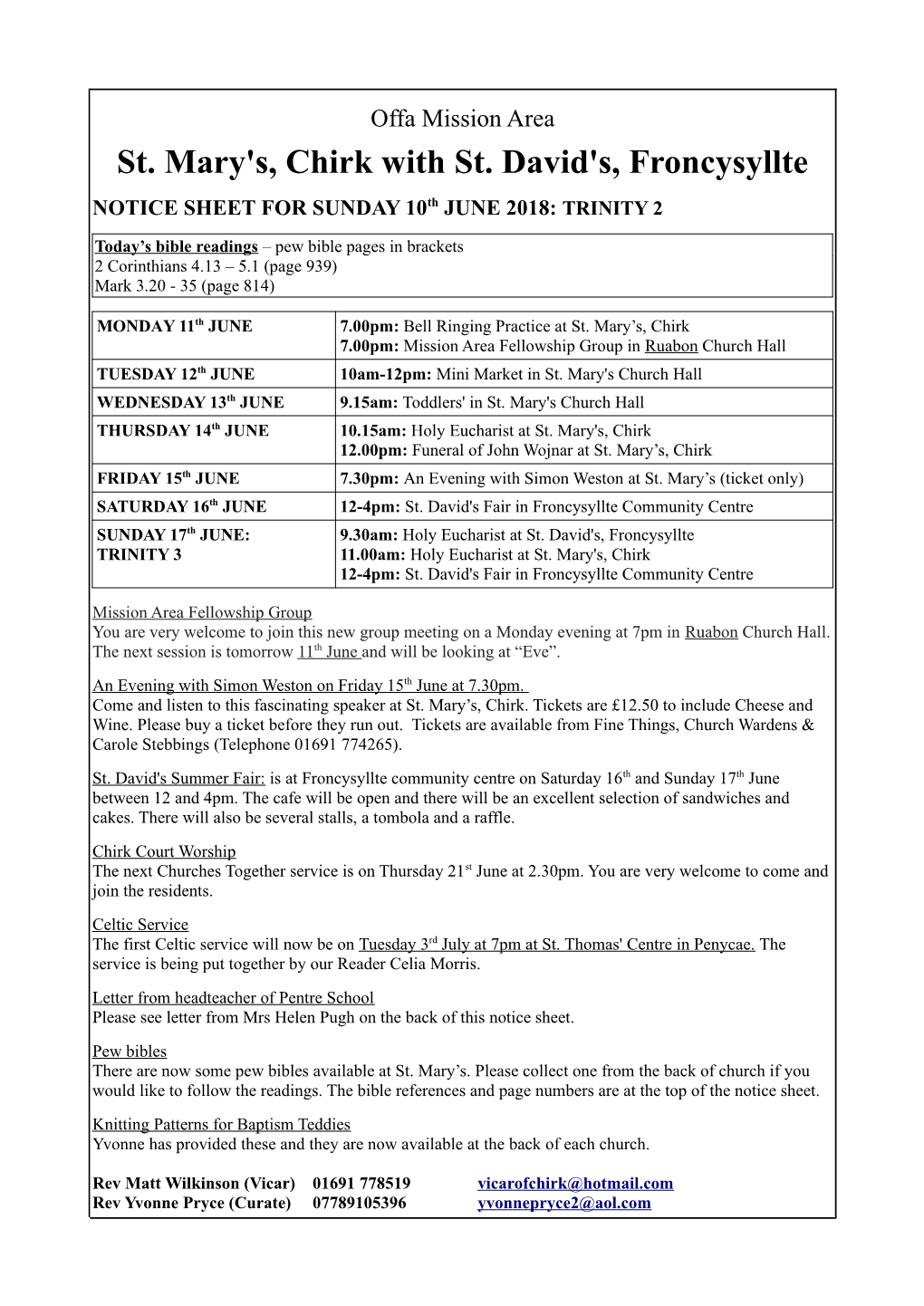 St. Mary's, Chirk with St. David's, Froncysyllte NOTICE SHEET for SUNDAY 10Th JUNE 2018: TRINITY 2