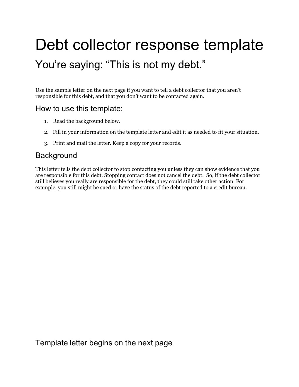 Debt Collector Response Template