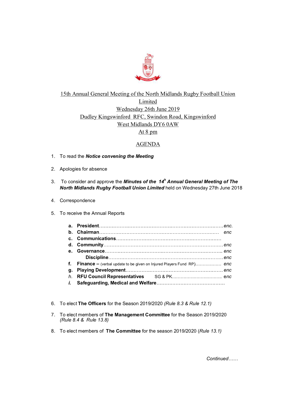 15Th Annual General Meeting of the North Midlands Rugby Football Union Limited Wednesday 26Th June 2019 Dudley Kingswinford