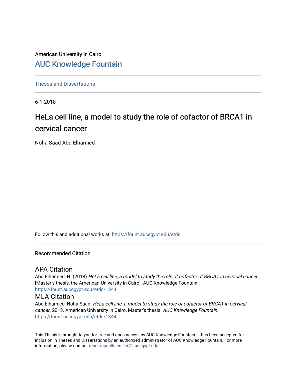 Hela Cell Line, a Model to Study the Role of Cofactor of BRCA1 in Cervical Cancer