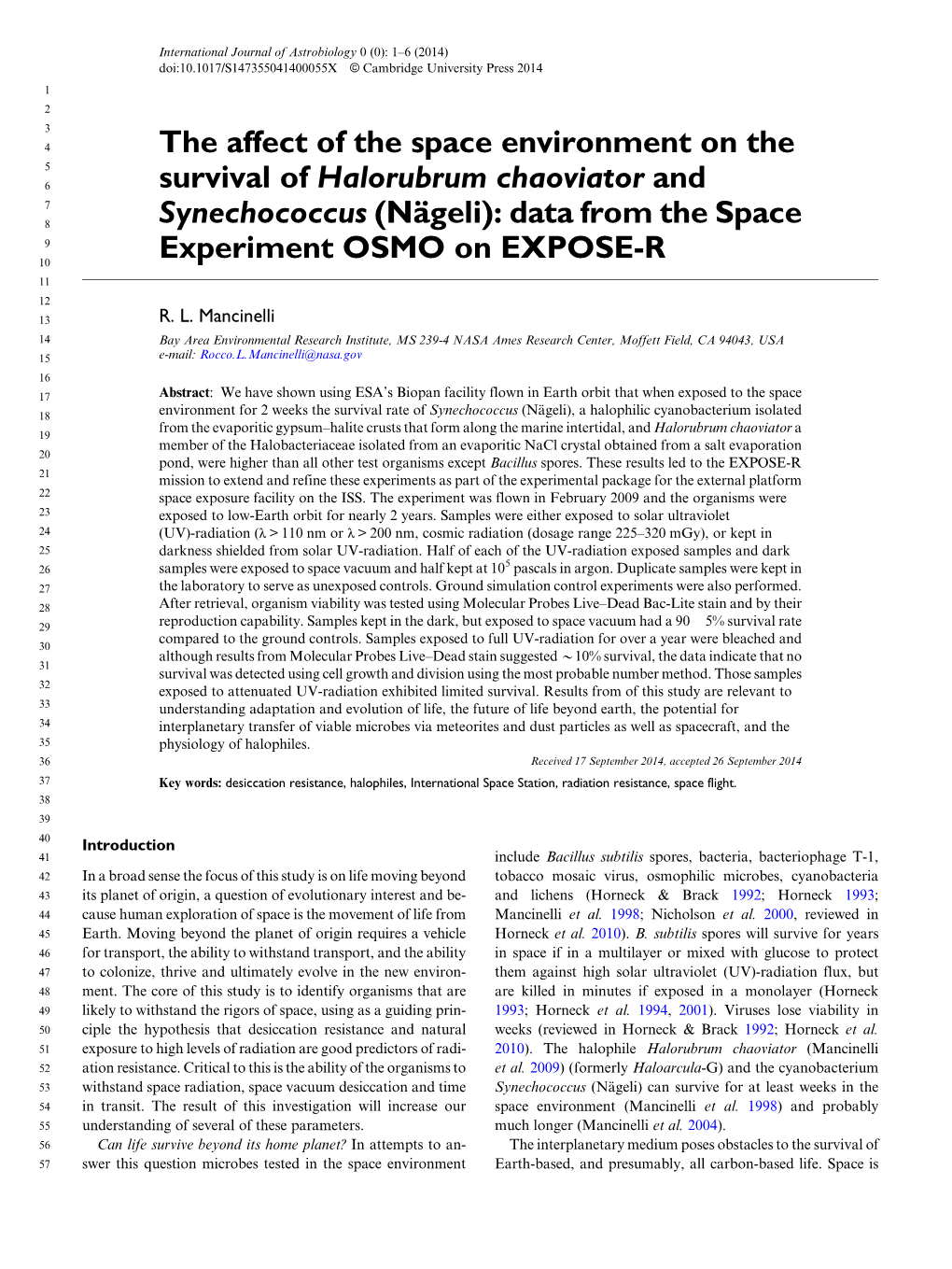 The Affect of the Space Environment on the Survival of Halorubrum Chaoviator and Synechococcus (Nägeli) 3