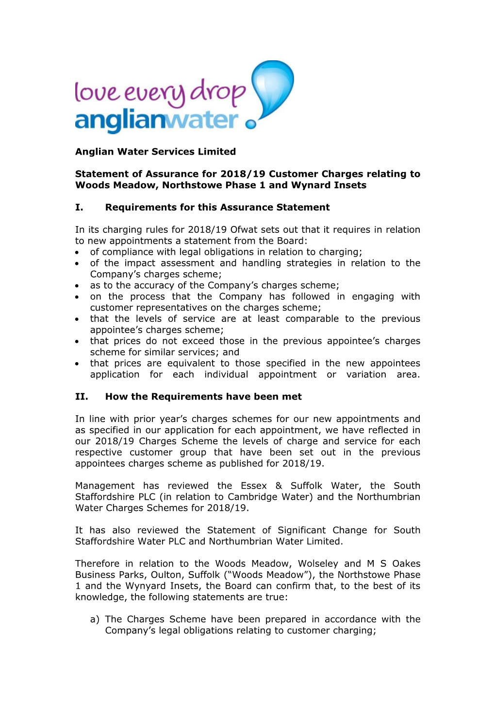 Anglian Water Services Limited Statement of Assurance for 2018/19