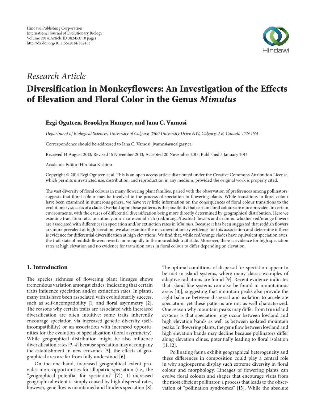 Diversification in Monkeyflowers: an Investigation of the Effects of Elevation and Floral Color in the Genus Mimulus