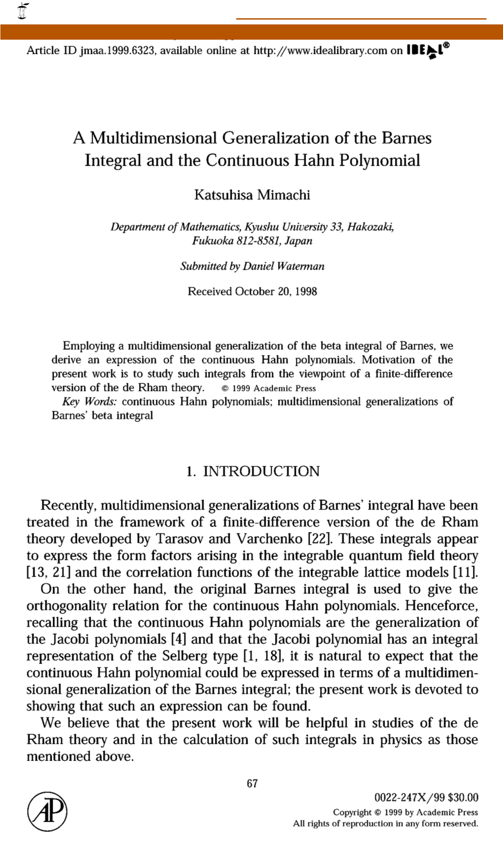 A Multidimensional Generalization of the Barnes Integral and the Continuous Hahn Polynomial