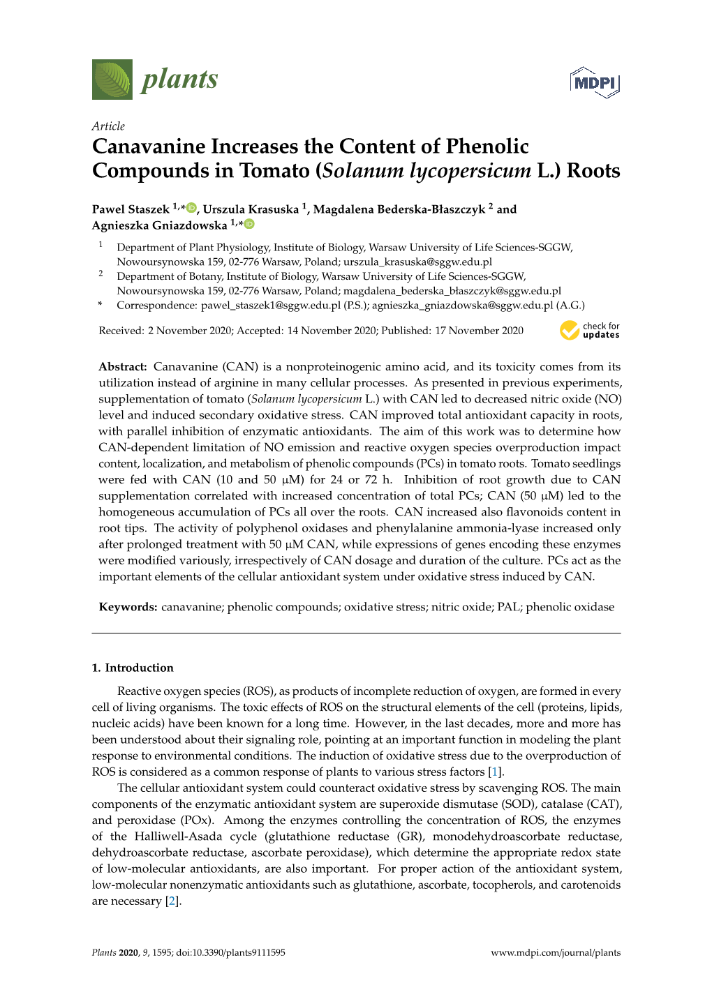 Canavanine Increases the Content of Phenolic Compounds in Tomato (Solanum Lycopersicum L.) Roots