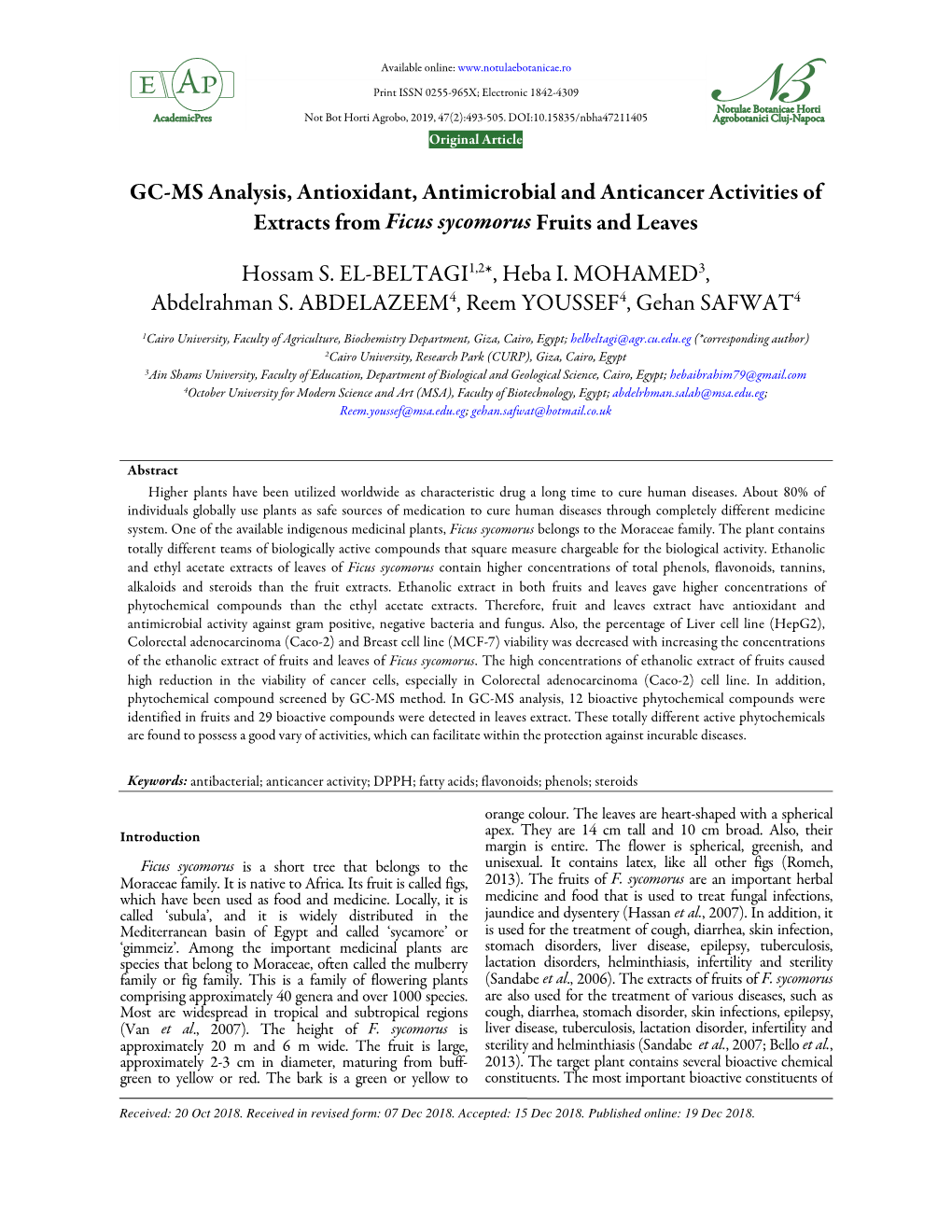 GC-MS Analysis, Antioxidant, Antimicrobial and Anticancer Activities of Extracts from Ficus Sycomorus Fruits and Leaves