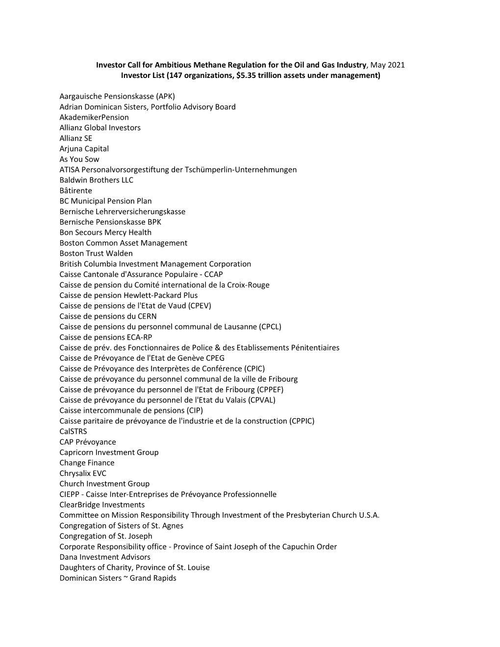 Investor Call for Ambitious Methane Regulation for the Oil and Gas Industry, May 2021 Investor List (147 Organizations, $5.35 Trillion Assets Under Management)