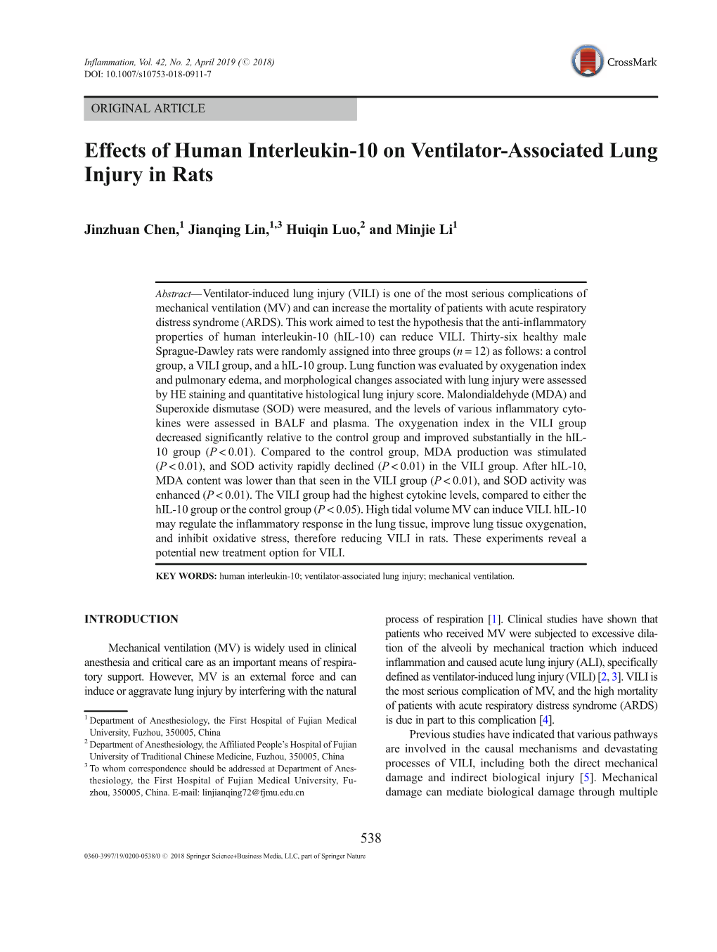 Effects of Human Interleukin-10 on Ventilator-Associated Lung Injury in Rats