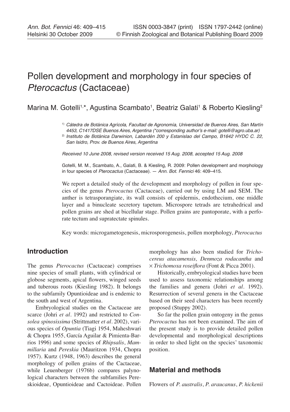 Pollen Development and Morphology in Four Species of Pterocactus (Cactaceae)