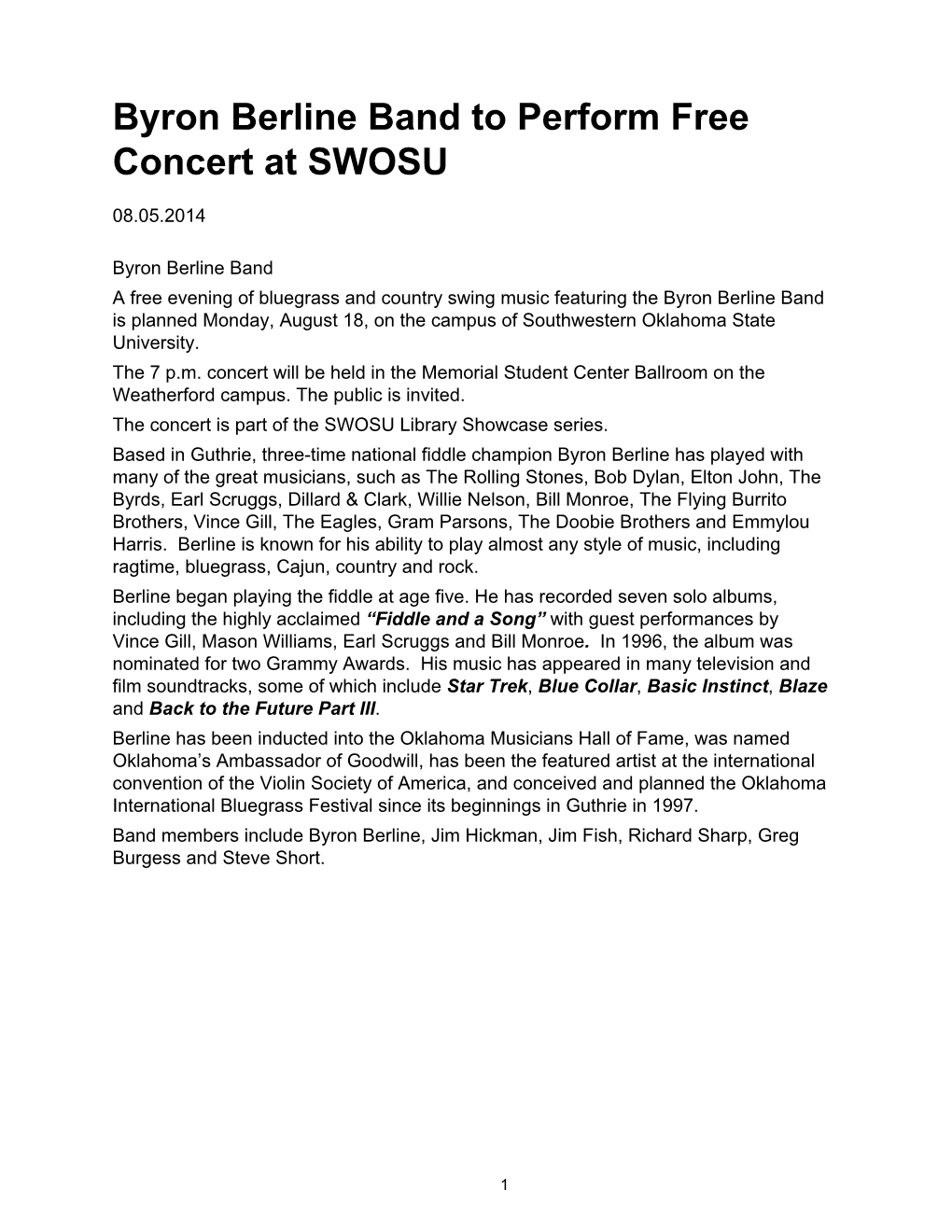 Byron Berline Band to Perform Free Concert at SWOSU