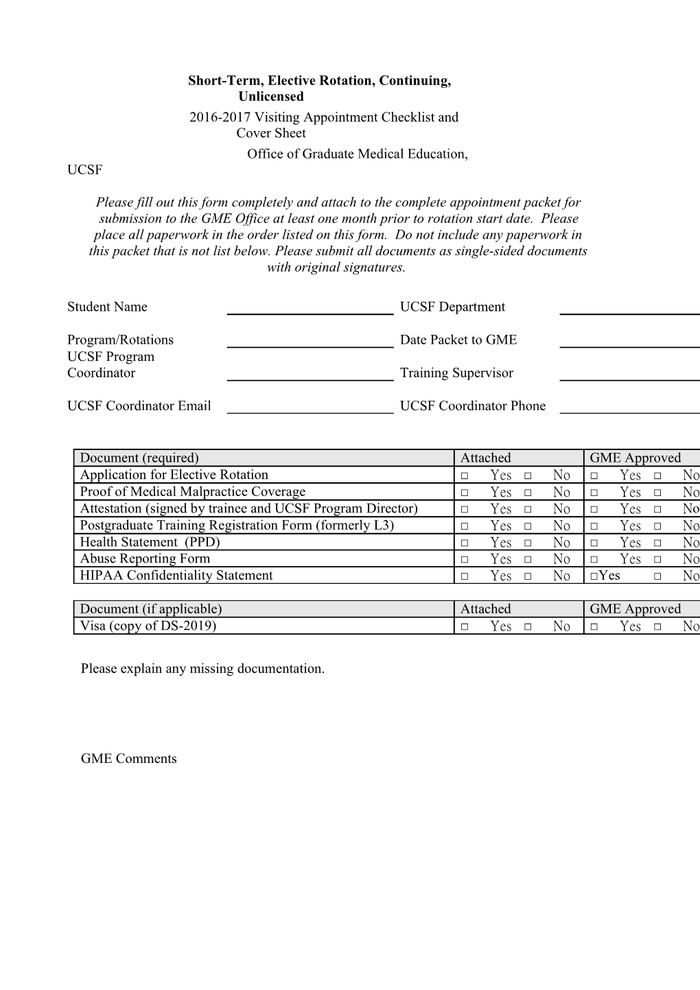 2007 UCSF Housestaff Appointment Checklist and Cover Sheet