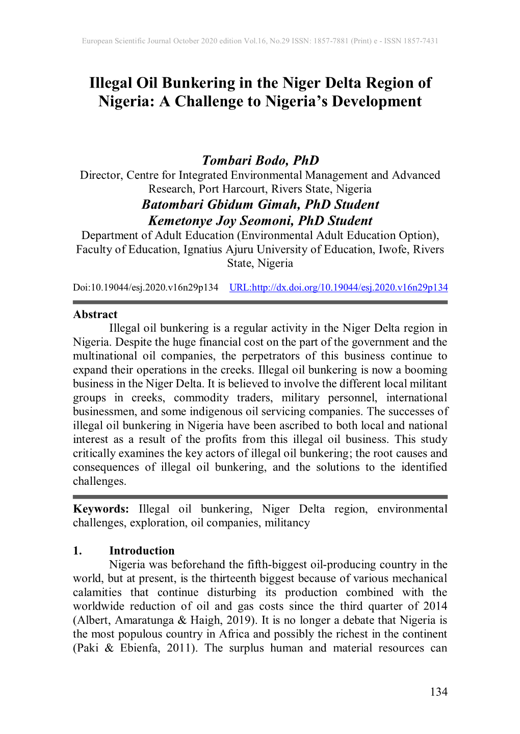 Illegal Oil Bunkering in the Niger Delta Region of Nigeria: a Challenge to Nigeria’S Development