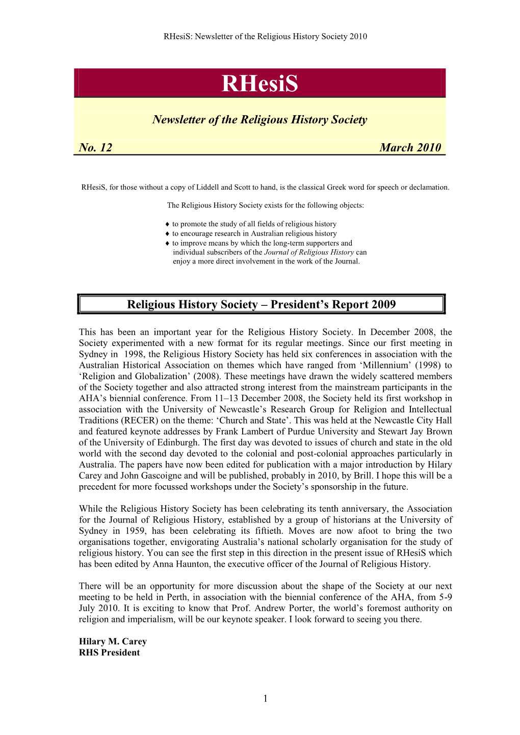 Rhesis: Newsletter of the Religious History Society 2010