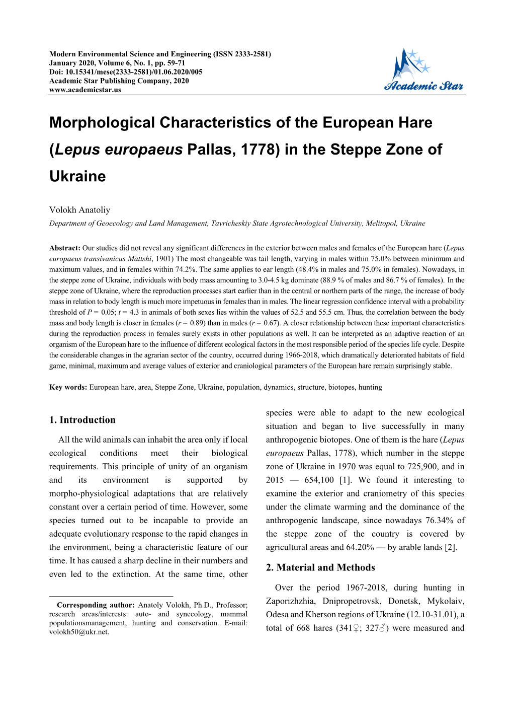 Morphological Characteristics of the European Hare (Lepus Europaeus Pallas, 1778) in the Steppe Zone of Ukraine