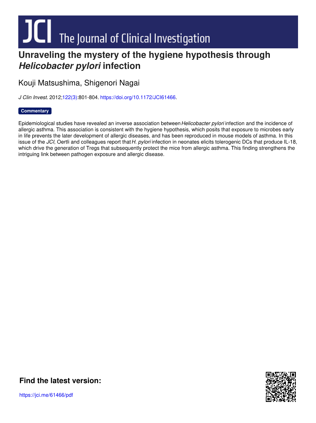 Unraveling the Mystery of the Hygiene Hypothesis Through Helicobacter Pylori Infection
