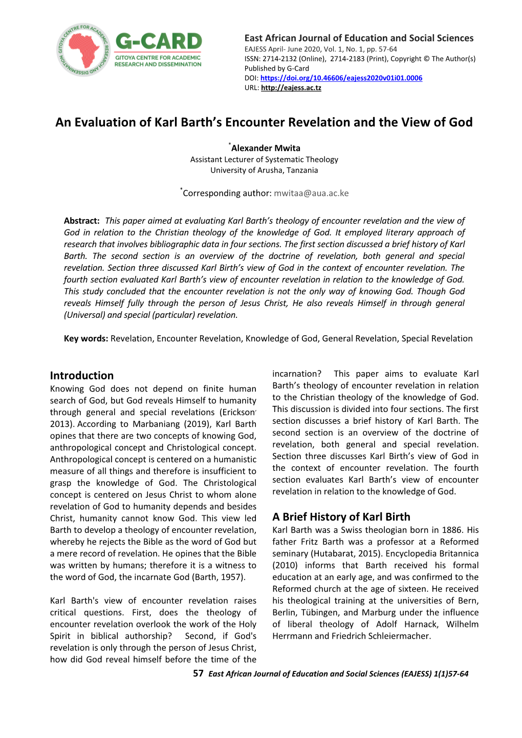 An Evaluation of Karl Barth's Encounter Revelation and the View