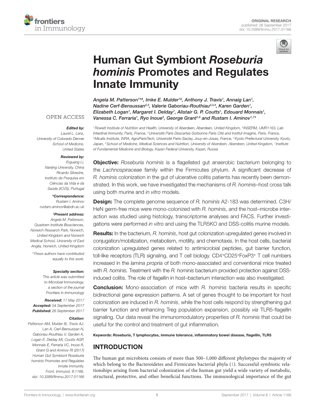 Human Gut Symbiont Roseburia Hominis Promotes and Regulates Innate Immunity
