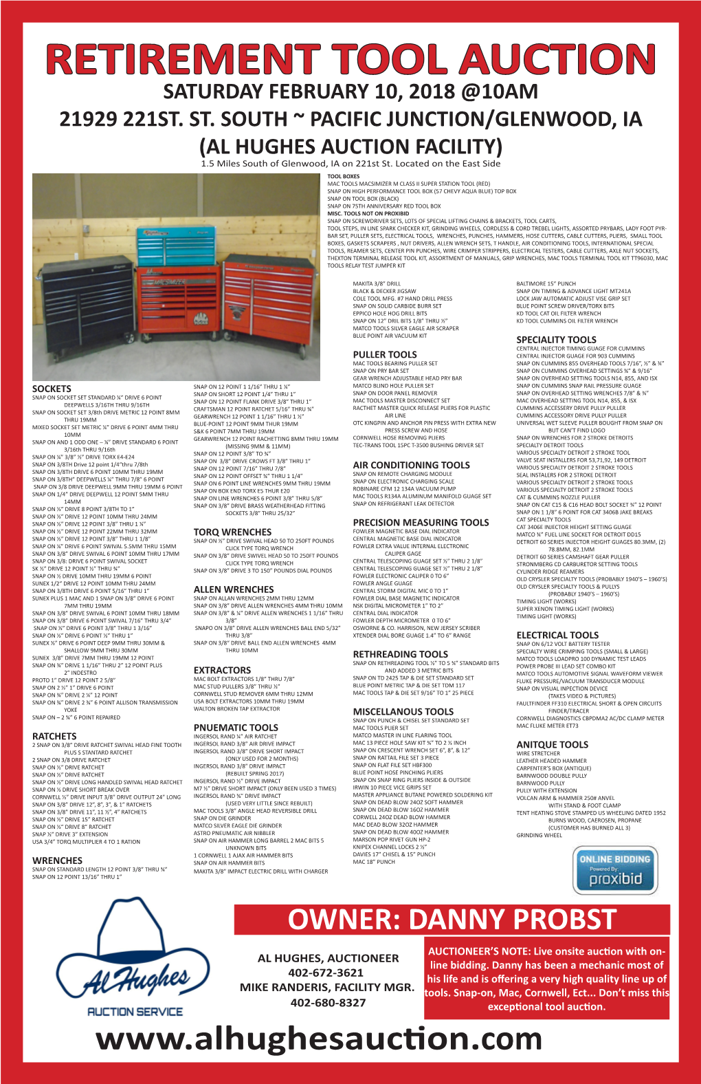 Retirement Tool Auction Saturday February 10, 2018 @10Am 21929 221St