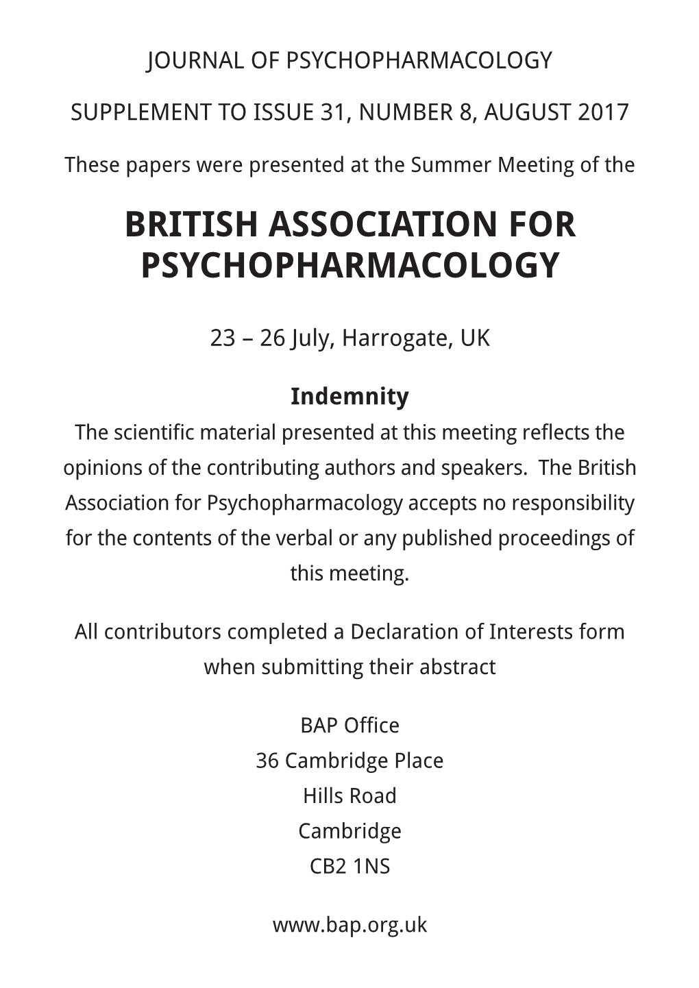 The BRITISH ASSOCIATION for PSYCHOPHARMACOLOGY