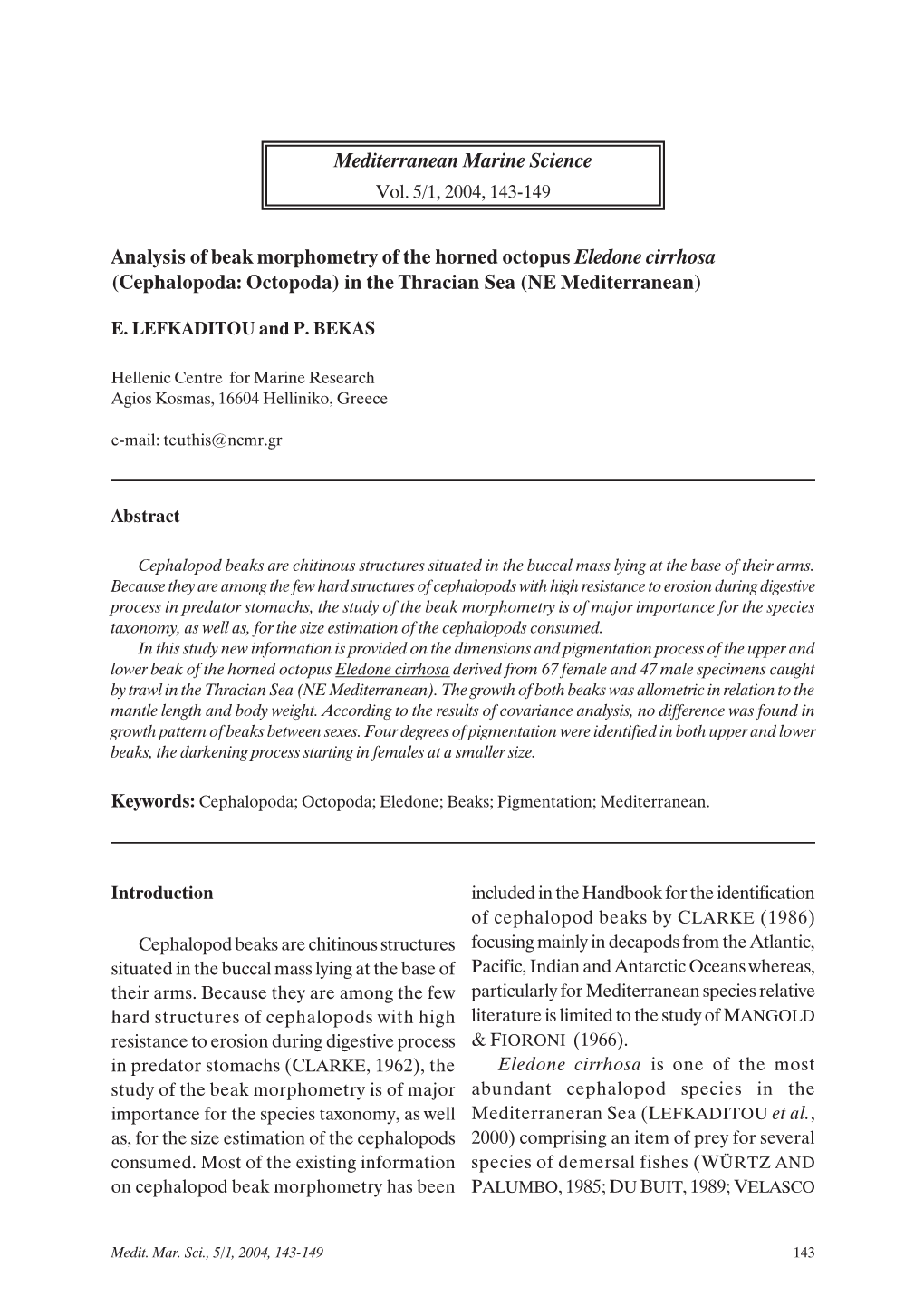 Analysis of Beak Morphometry of the Horned Octopus Eledone Cirrhosa (Cephalopoda: Octopoda) in the Thracian Sea (NE Mediterranean)