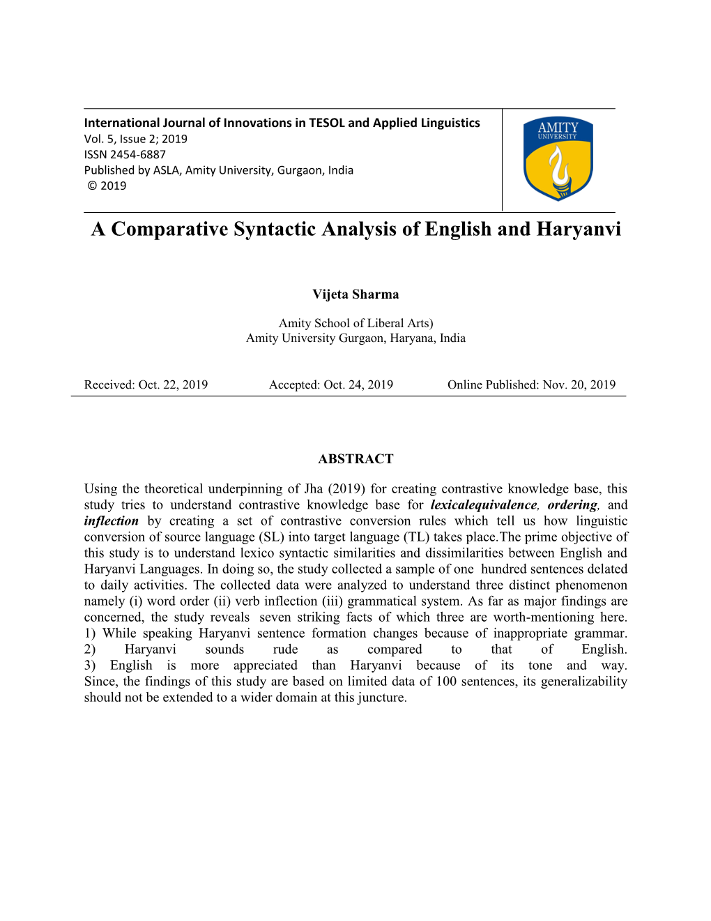 A Comparative Syntactic Analysis of English and Haryanvi