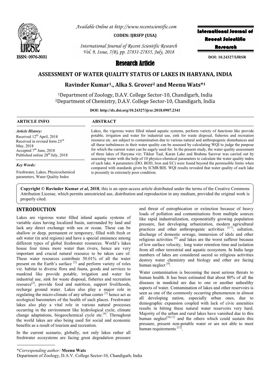 Assessment of Water Quality Status of Lakes in Haryana, India