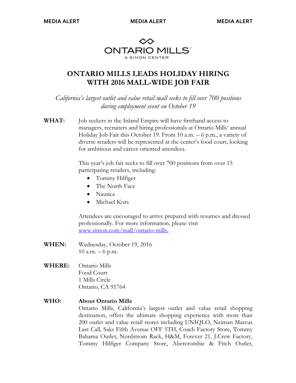 Ontario Mills Leads Holiday Hiring with 2016 Mall-Wide Job Fair