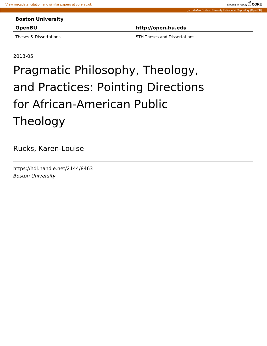 Pragmatic Philosophy, Theology, and Practices: Pointing Directions for African-American Public Theology