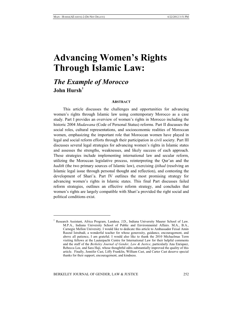 Advancing Women's Rights Through Islamic Law: the Example of Morocco
