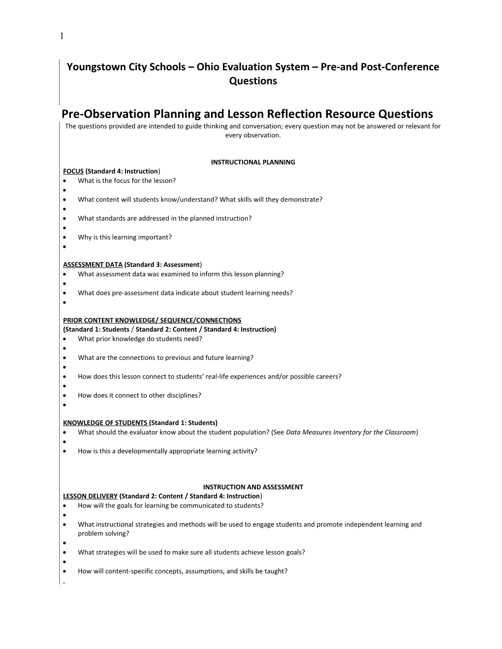 Youngstown City Schools Ohio Evaluation System Pre-And Post-Conference Questions