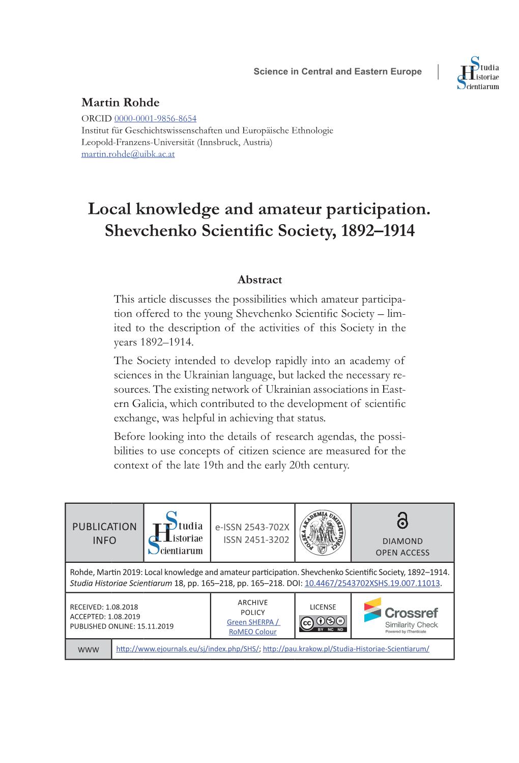 Local Knowledge and Amateur Participation. Shevchenko Scientific Society, 1892–1914