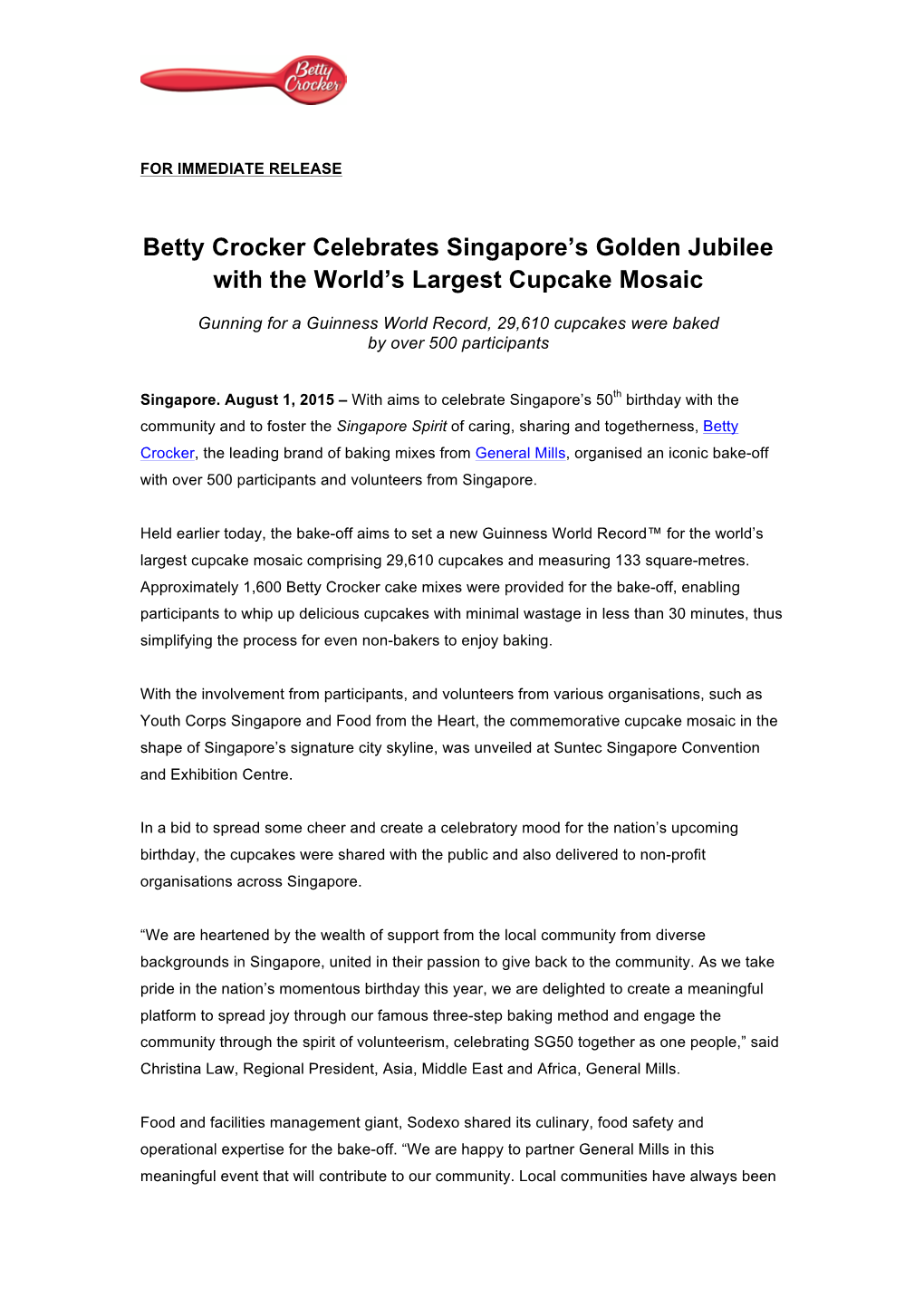 Betty Crocker Celebrates Singapore's Golden Jubilee with the World's