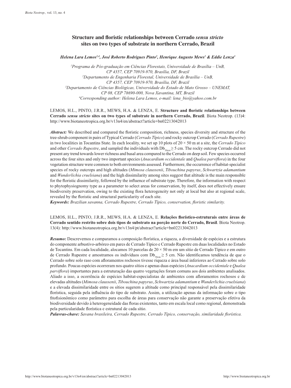 Structure and Floristic Relationships Between Cerrado Sensu Stricto Sites on Two Types of Substrate in Northern Cerrado, Brazil