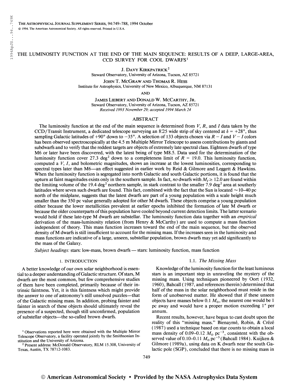 19 94Apjs. . .94. .749K the Astrophysical Journal Supplement