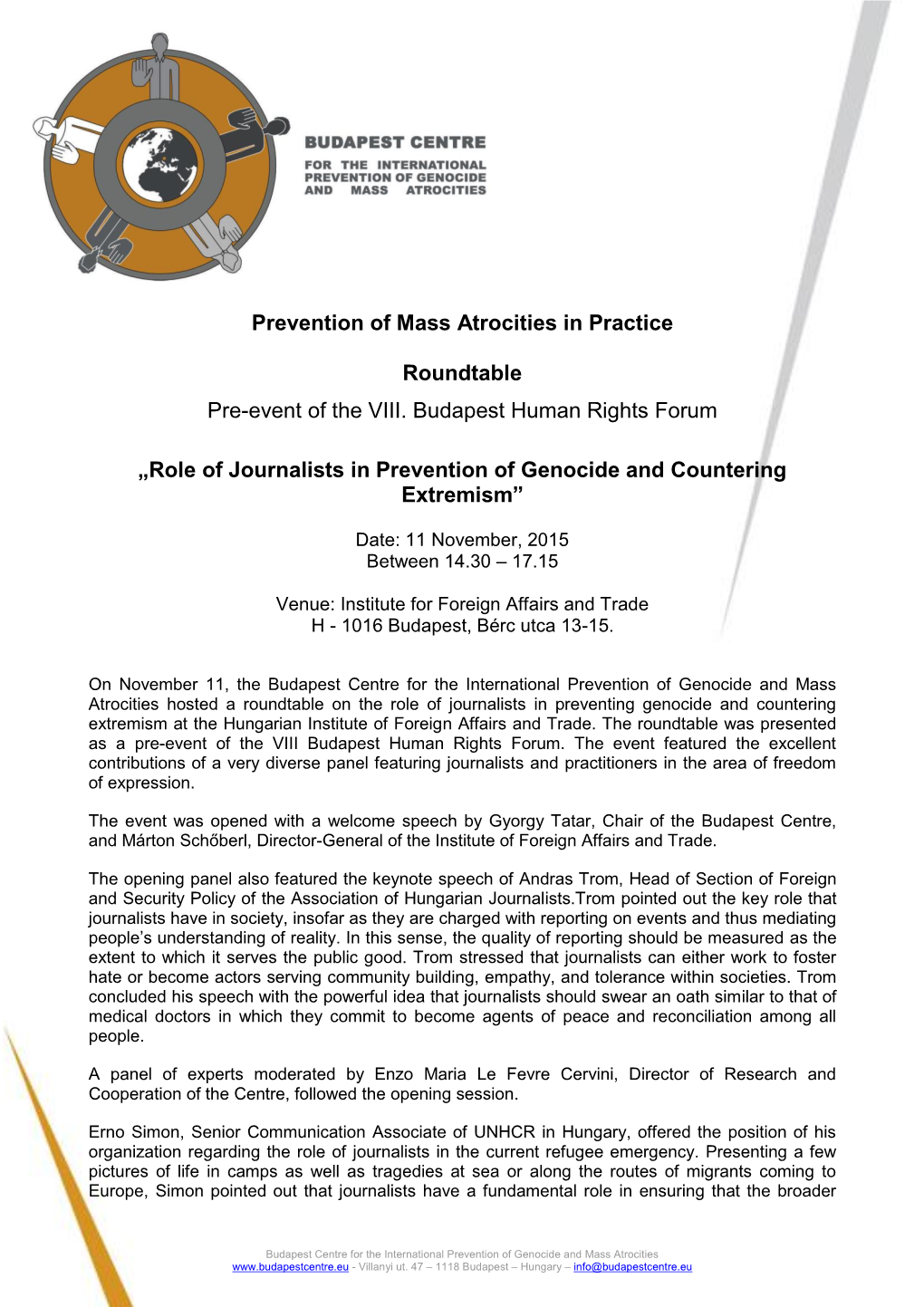Prevention of Mass Atrocities in Practice Roundtable Pre-Event Of