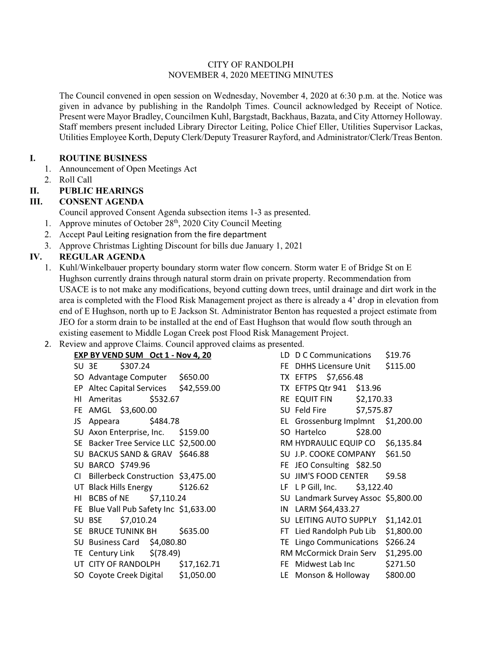 CITY of RANDOLPH NOVEMBER 4, 2020 MEETING MINUTES The