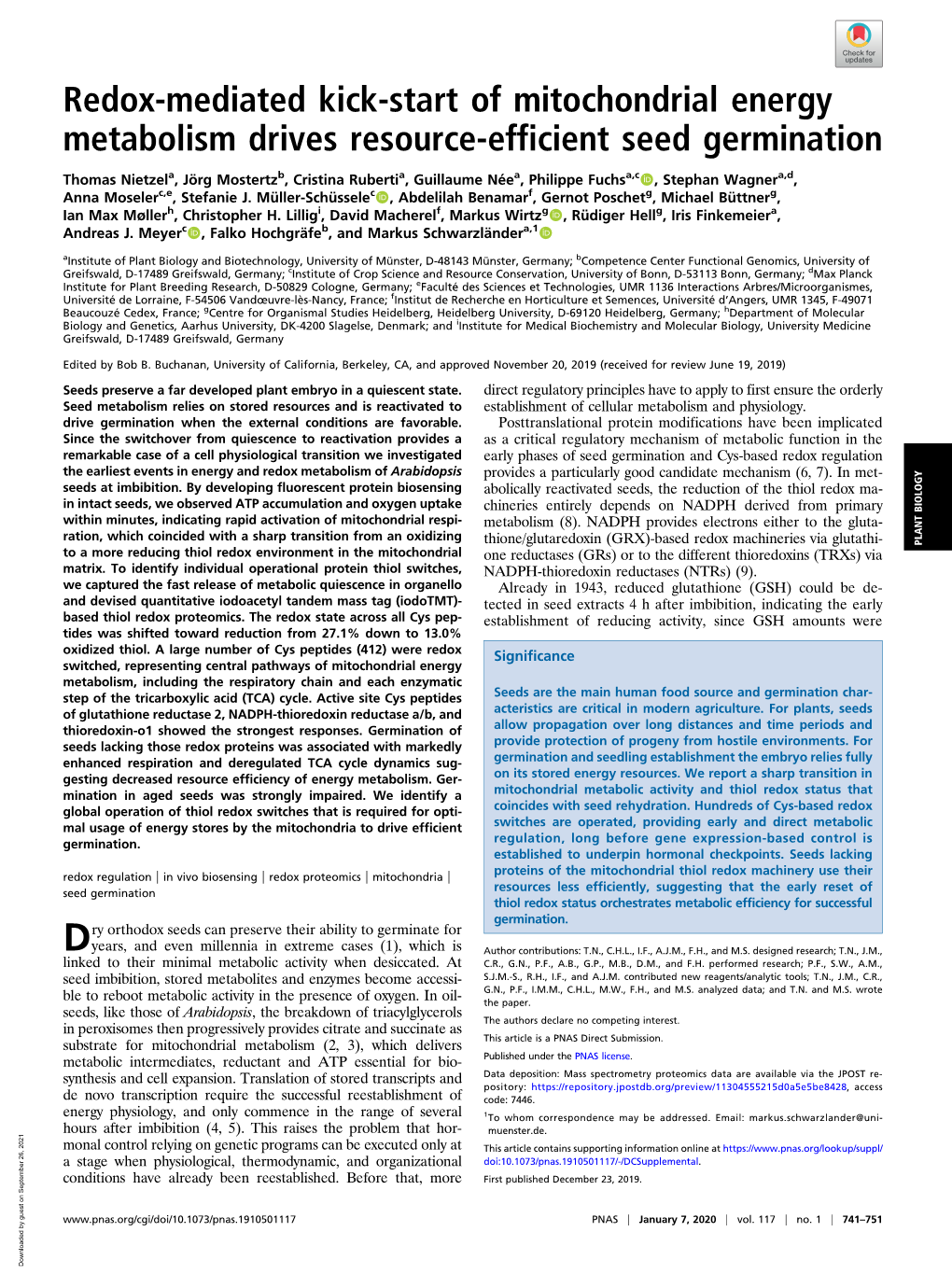 Redox-Mediated Kick-Start of Mitochondrial Energy Metabolism Drives Resource-Efficient Seed Germination