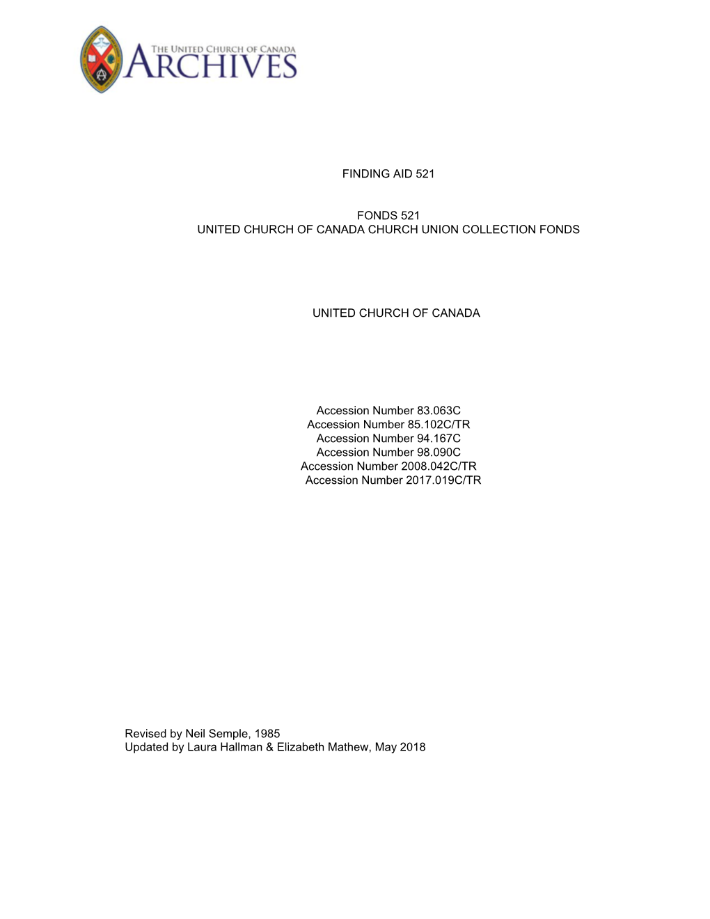 Finding Aid 521 Fonds 521 United Church of Canada