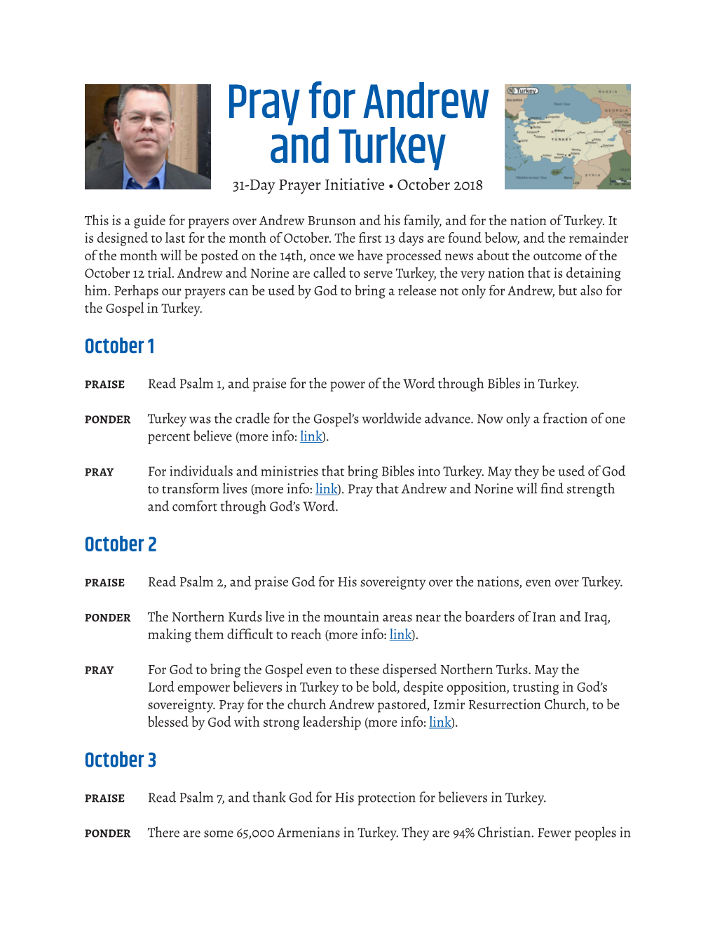 Pray for Andrew and Turkey 31-Day Prayer Initiative • October 2018