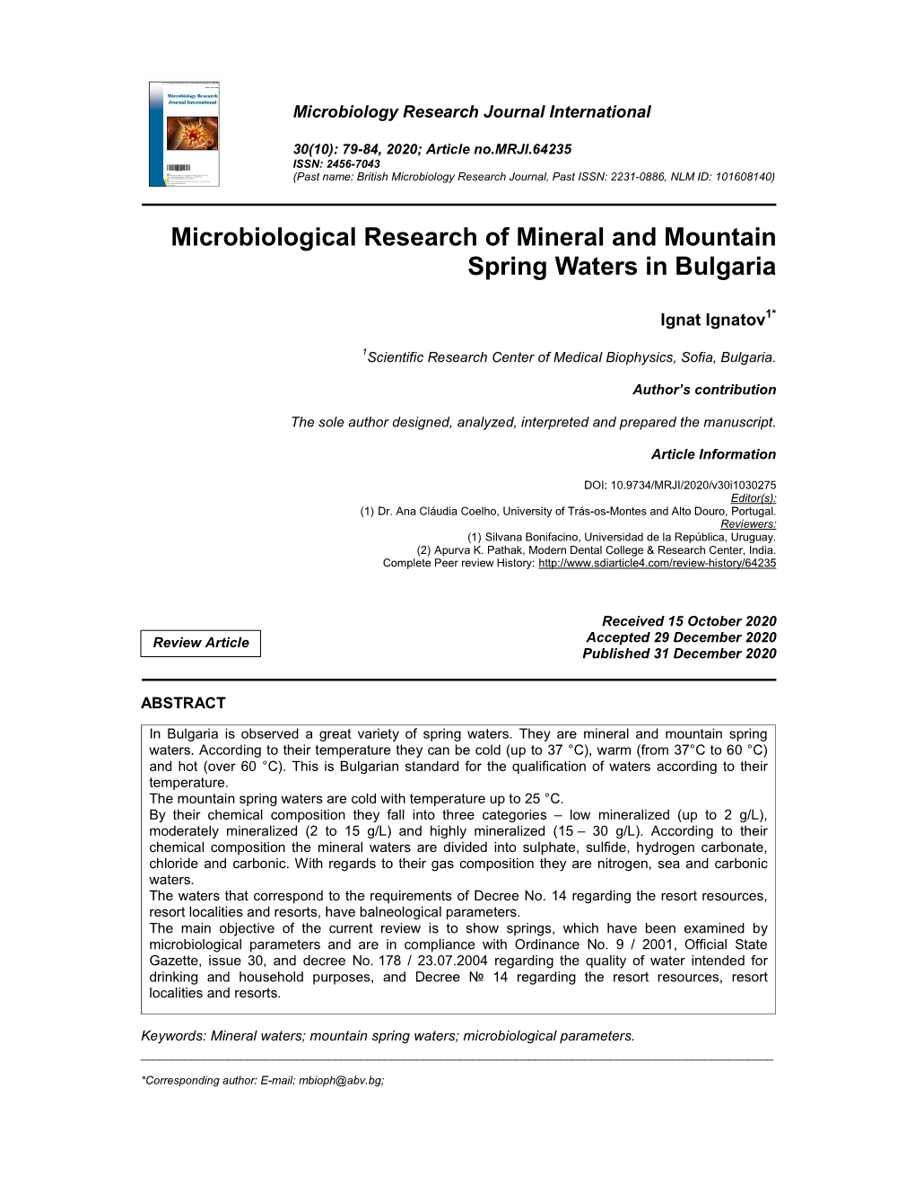 Microbiological Research of Mineral and Mountain Spring Waters in Bulgaria
