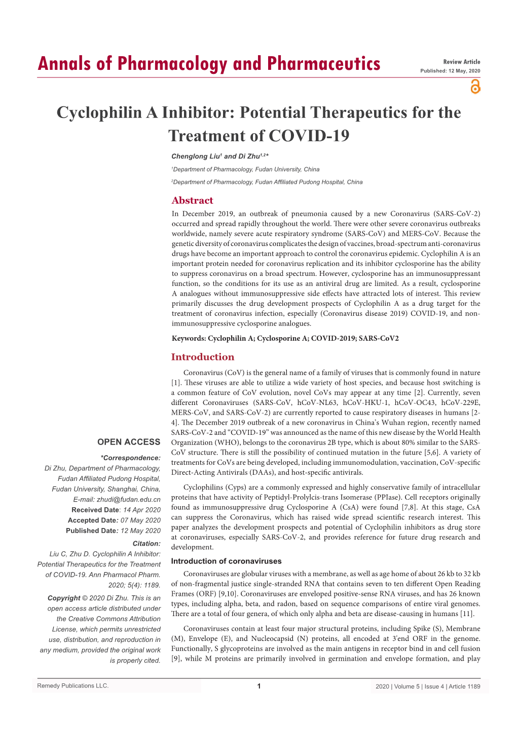 Cyclophilin a Inhibitor: Potential Therapeutics for the Treatment of COVID-19