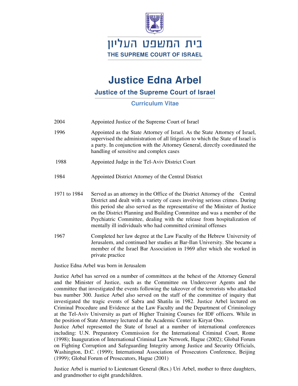 Justice Edna Arbel Justice of the Supreme Court of Israel Curriculum Vitae