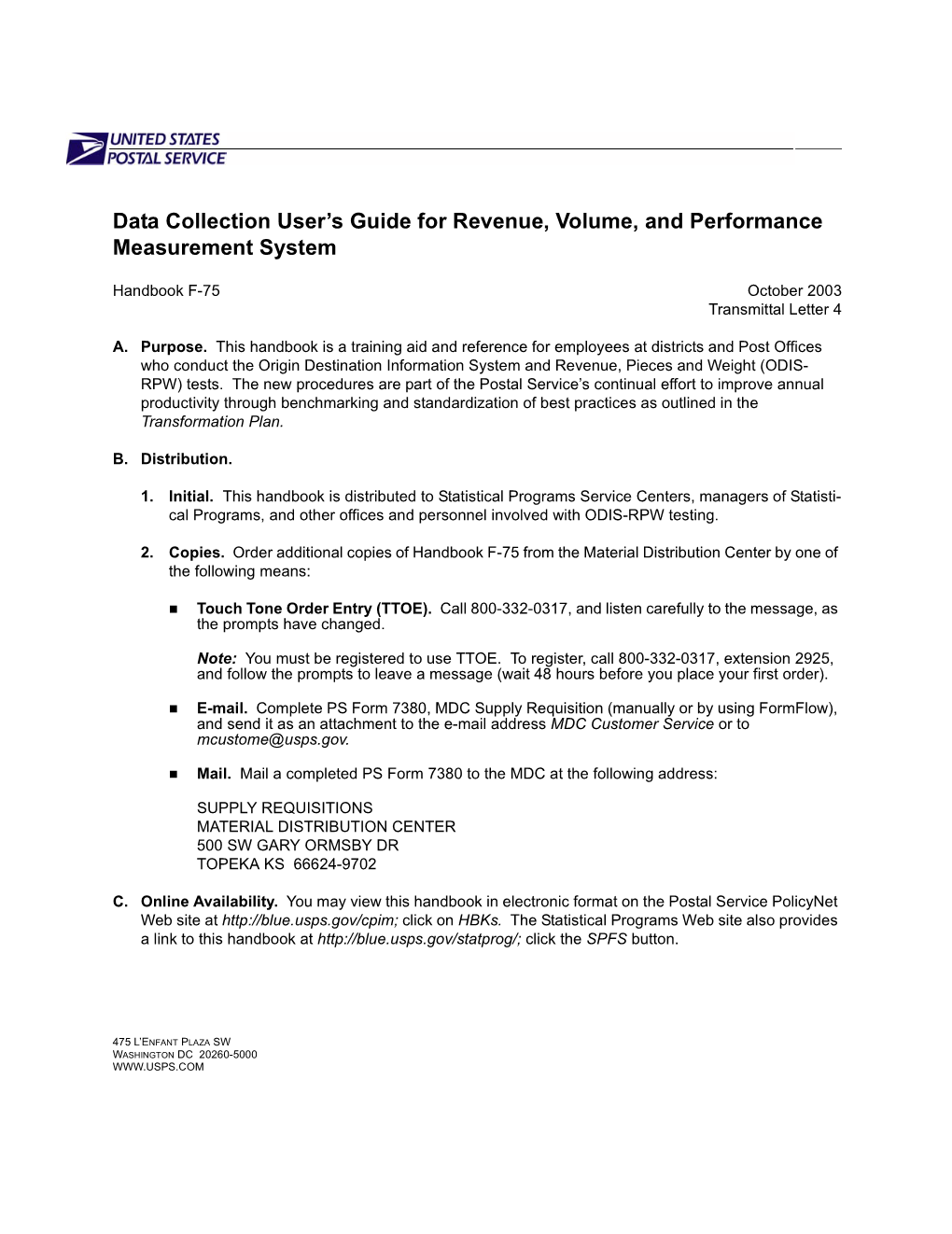 Handbook F-75 October 2003 Transmittal Letter 4