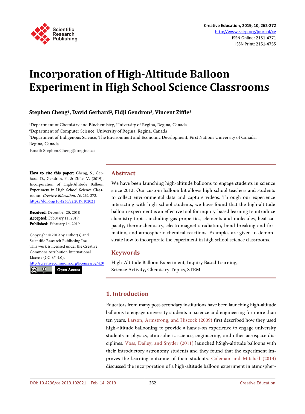 Incorporation of High-Altitude Balloon Experiment in High School Science Classrooms