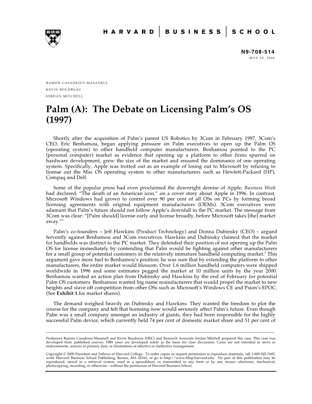 Palm (A): the Debate on Licensing Palm's OS (1997)