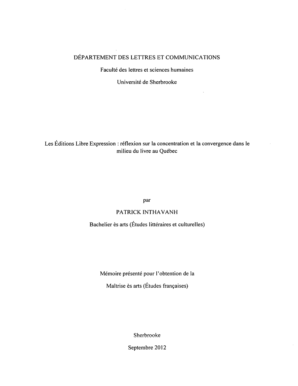 DÉPARTEMENT DES LETTRES ET COMMUNICATIONS Faculté Des